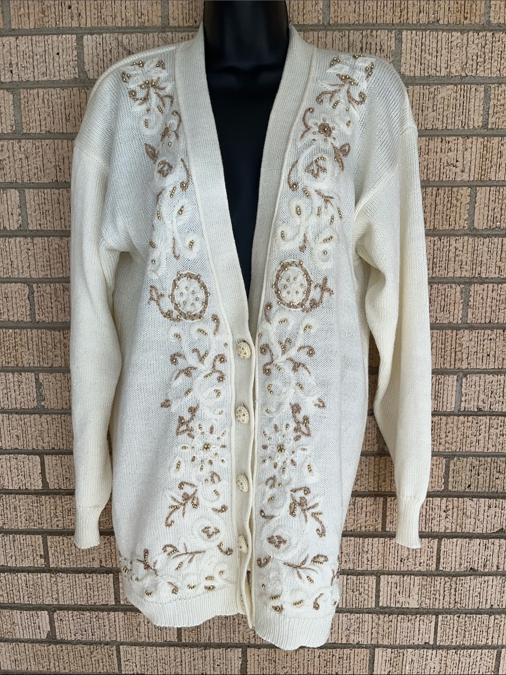 Vtg 80s Jaclyn Smith Cream Cardigan Sweater Floral Embroidery Gold Beading L